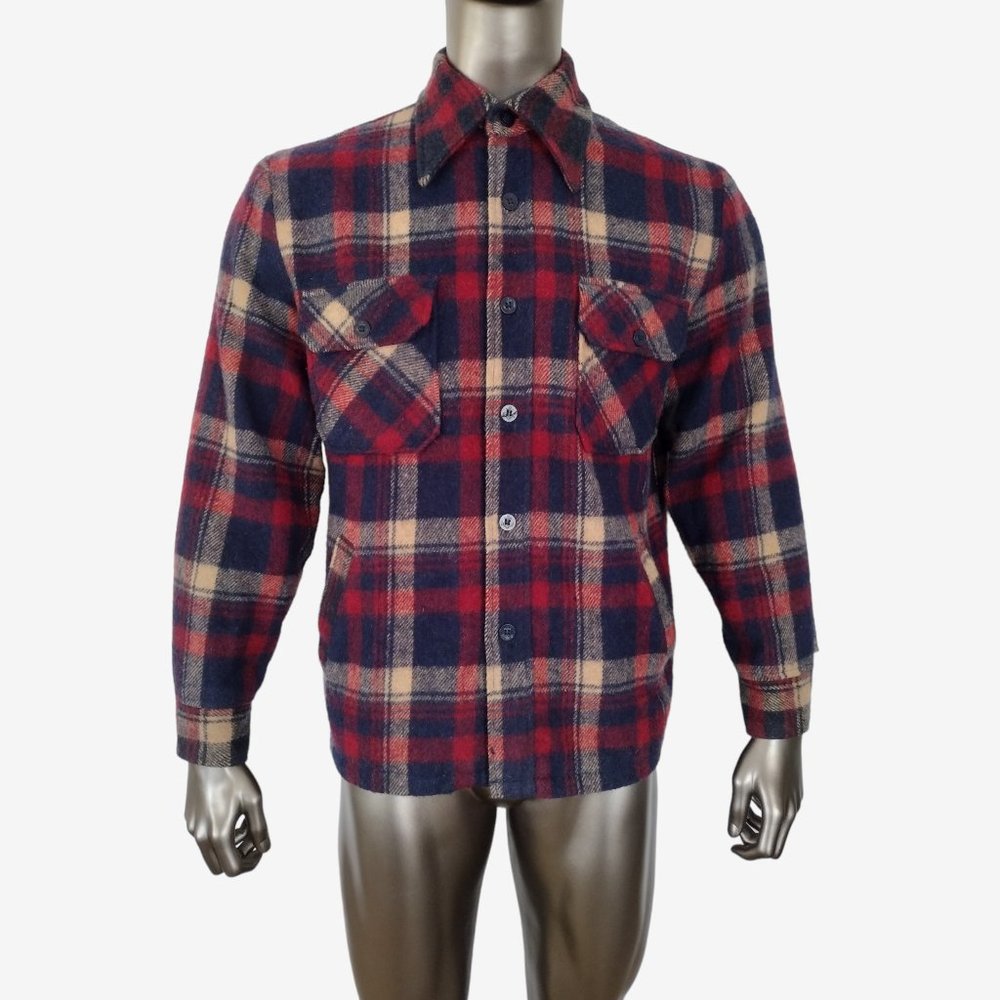 Vintage 1970s JcPenny Wool Blend Red Blue Plaid Button Down Jacket Size L